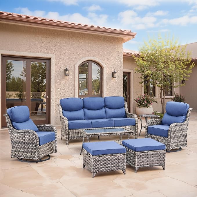 Swivel Patio Chairs sofa Set of 7 with 6" Thick Cushion - Wicker Outdoor Swivel Rocker Patio Chair ,Sofa/Glass coffee table, High Back Comfortable Outdoor Glider Chairs - Gery Wicker Blue Cushions