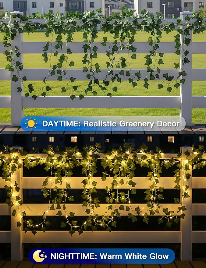 Solar Ivy String Lights, 33Ft 100 LED Vines with Lights Warm White