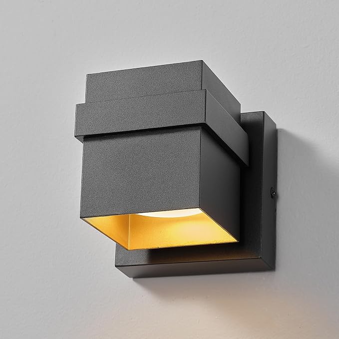 Globe Electric 60000022 11.5W LED Integrated Outdoor Wall Sconce, Matte Black, Gold Accent, 400 Lumens, 3000 Kelvins, 90 CRI, Front or Back Porch Decor, Modern Minimalist Exterior Lighting