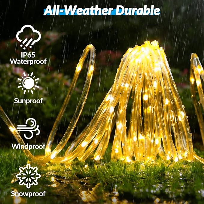 Solar Rope Lights, 2 Pack 20FT 60 LED Solar Fairy Lights with 8 Lighting Modes, IP65 Waterproof Strip Light Outdoor for Garden Yard Patio Deck Fence Tree Party Holiday Decoration, Warm White