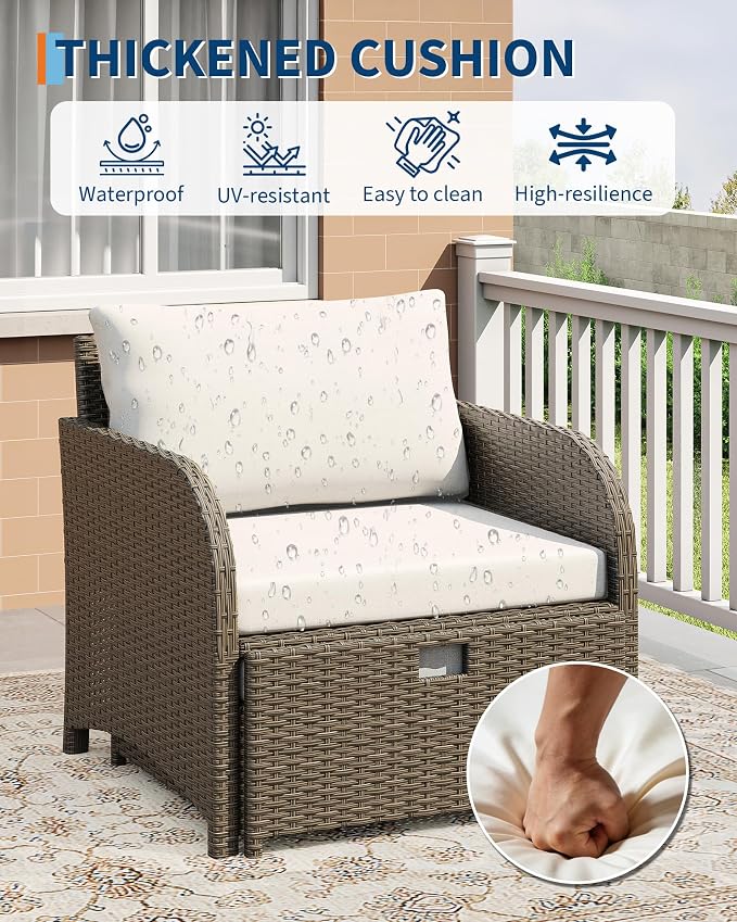 GarveeLife Balcony Furniture 5 Piece Patio Conversation Set, PE Rattan Wicker Outdoor Lounge Furniture with Hidden Ottomans, Soft Cushions & Glass Coffee Table for Porch, Backyard, Balcony, Beige