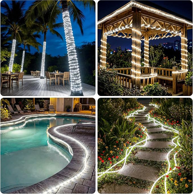 Solar Rope Lights, 33FT 100 LED Solar Fairy Lights with 8 Lighting Modes, IP65 Waterproof Strip Light Outdoor for Garden Yard Patio Deck Fence Tree Party Holiday Decoration, Cold White