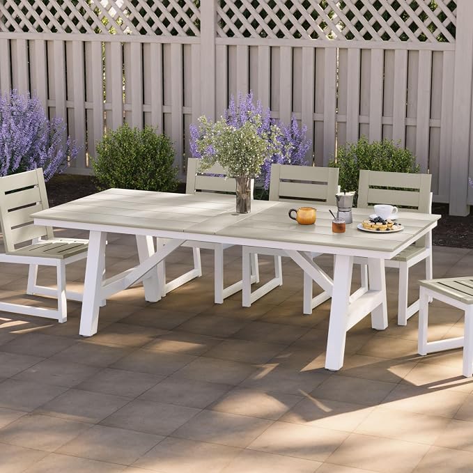 Costaelm Rectangle Patio Table, 8-Person Backyard Table 90" HDPE Dining Table with Umbrella Hole and Metal Frame for Outside, Garden, Poolside, Deck, Porch, Balcony, Sand