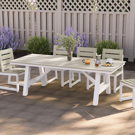 Costaelm Rectangle Patio Table, 8-Person Backyard Table 90" HDPE Dining Table with Umbrella Hole and Metal Frame for Outside, Garden, Poolside, Deck, Porch, Balcony, Sand