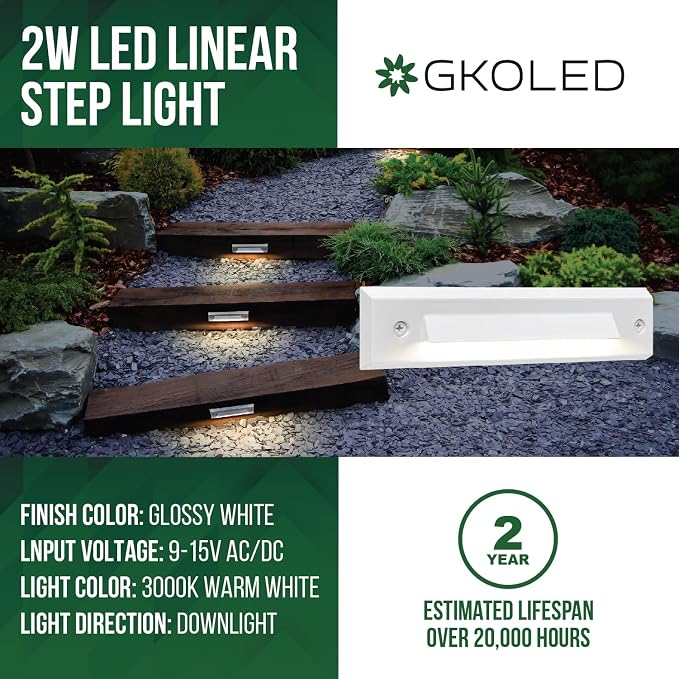 6 Pack LED Low Voltage Stair Lights, Linear Shape Cutoff Outdoor Step Lights, Landscape Lighting, 2W 9-15V AC/DC 3000K Waterproof Accent Deck Lights, Die-cast Aluminum, Glossy White
