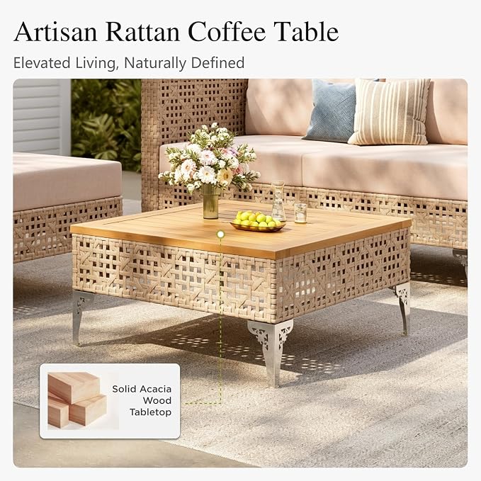 Sophia and William Wicker Patio Furniture Set, 7 Pieces Rattan Outdoor Conversation Sets, L-Shaped Yellow Patio Sectional Sofas Boho Modular Couch Set with Coffee Table for Yard Porch, Beige Cushion