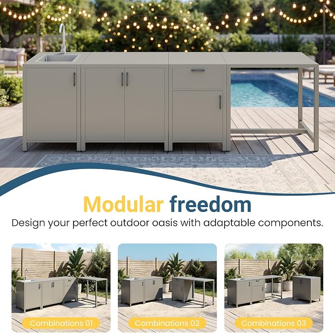 Wisteria Lane Outdoor Storage Cabinet with Stainless Steel Sink, Aluminum Modular Outdoor Kitchen, All Weather Kitchen Island with Storage, Drawers & Bar Table for BBQ, Porch, Backyard