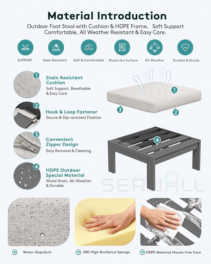 SERWALL HDPE Outdoor Ottoman with Cushions