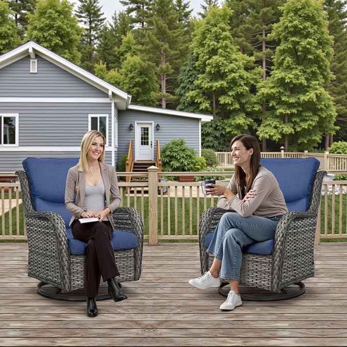Outdoor Swivel Rocker Patio Chairs Set of 4 with Side Table - 5" Thick Cushion 6 Piece Furniture Set All Weather Comfortable Wicker Conversation Set for Porch Poolside and Deck - Gray/Blue