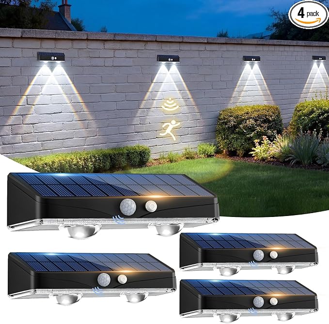 kolpop Solar Fence Lights Outdoor with Motion Sensor,Fence Lights Solar Powered,IP65 Waterproof,3 Modes LED Solar Lights for Patio,Backyard,Railing,Wall,Nighttime,Party,Pool,4 Pack,Cool White