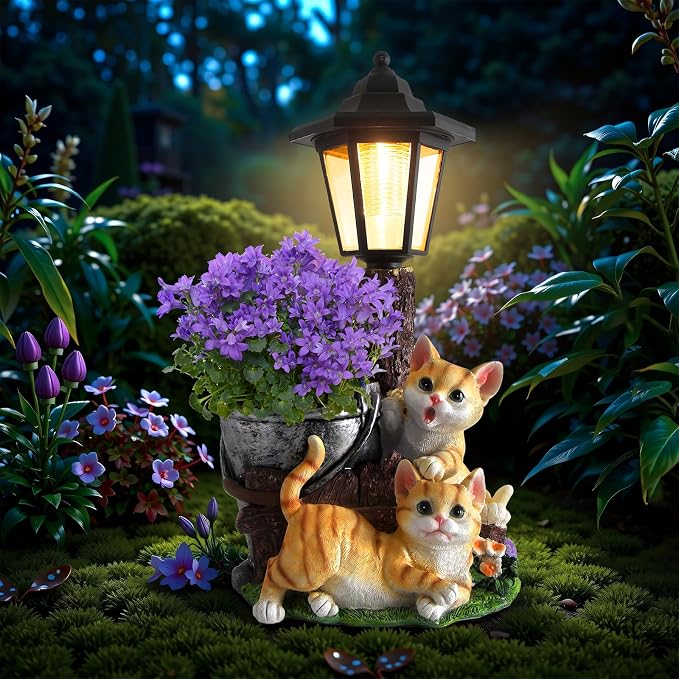 Solar Cat Outdoor Statues, Garden Sculptures with Flowerpot & Lantern | Cute Cat Figurines for Yard Art Lawn Ornaments Porch Patio Balcony - Idea Gifts for Women Mom Grandma