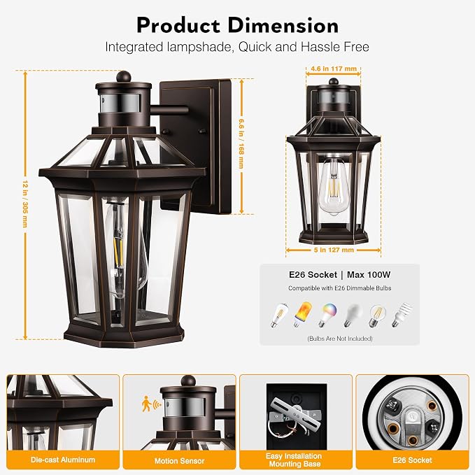 VIANIS Outdoor Motion Sensor Porch Light, Anti-rust 2-Pack Exterior Lighting Fixtures, Farmhouse Oil Rubbed Bronze Gold Trim Exterior Light,Waterproof Dusk to Dawn Outdoor Lighting with Tempered Glass