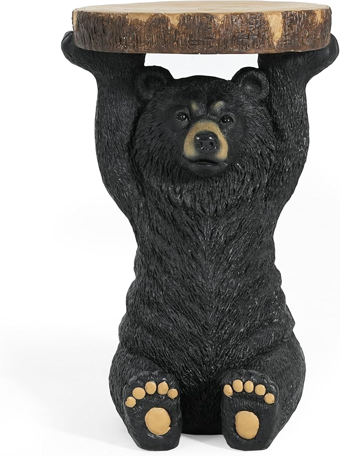 Black Bear Side Table Pedestal End Table Stool, MGO Bear Statue Hand Painted Sculpture for Home, Office, Living Room & Outdoor Decor,No Assembly Required