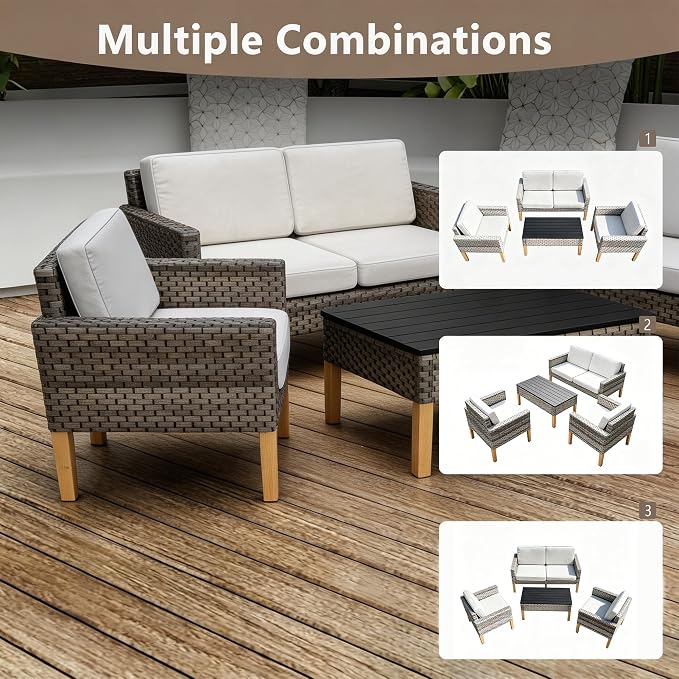 DECMICO 4 Piece Rattan Conversation Bistro Set, Outdoor Wicker Patio Furniture Set, All-Weather PE Rattan Chairs with Cushions for Backyard, Balcony, Garden, Beige
