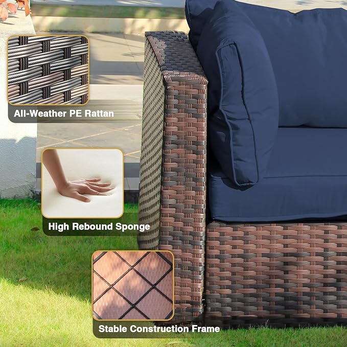 15 Piece Patio Furniture Set with Fire Pit Table All Weather PE Rattan Outdoor Sectional Sofa Couch with No-Slip Cushions and Glass Top Tables for Garden, Poolside, Backyard (Blue)