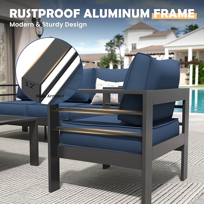 Amopatio Aluminum Patio Furniture, 5 Pieces Metal Outdoor Furniture Set, Outdoor Sectional Modern Sofa Sets with Coffee Table for Pool, Garden, Dark Grey&Blue (Included Waterproof Covers)