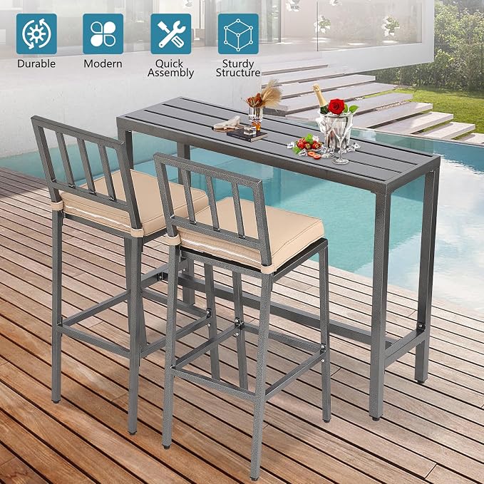 Outdoor Bar Table, Patio Console Pub Height Tables with Powder Coated Steel Frame, Weather Resistant Waterproof Top for Hot Tub, Balcony, Garden, Yard, Poolside (Grey, 55" Bar Table)