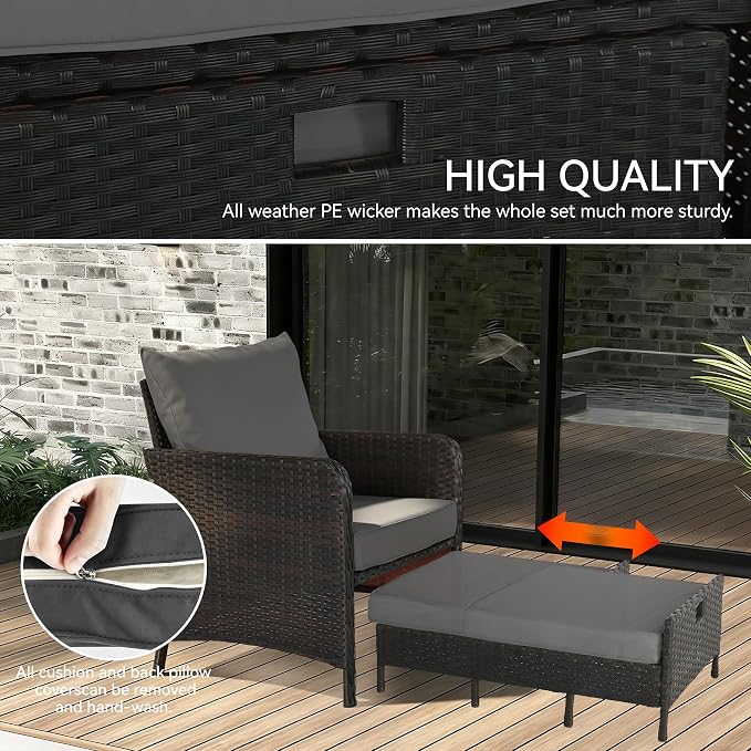 YLGJ&TIDY 5 Pieces Patio Furniture Set, Rattan Outdoor Lounge Chairs with Soft Cushions,Outdoor Wicker Patio Conversation Set with Hidden Ottoman and Coffee Table for Porch, Garden, Backyard (Gray)