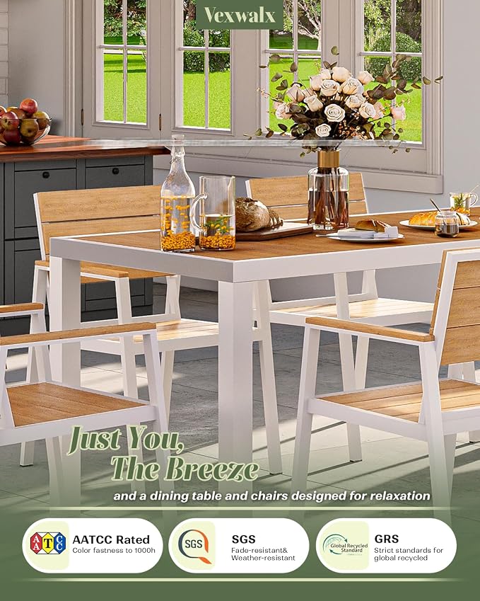 Vexwalx 67" HDPS Outdoor Patio Dining Table, Aluminum-Edged Outdoor Dining Table with Umbrella Hole, Weather-Resistant for Lawn, Garden, Poolside and Indoor Use, White & Teak