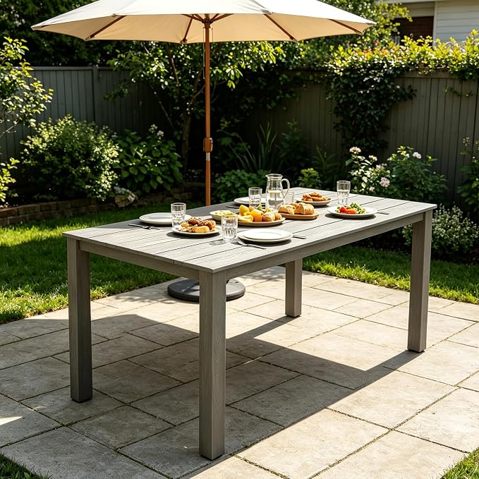 68.9” Outdoor Dining Table, Wooden Patio Table, Outdoor Furniture with Umbrella Hole, 6 Seater Outside Table for for Garden, Poolside & Backyard,BBQ ect. (Charcoal Gray)