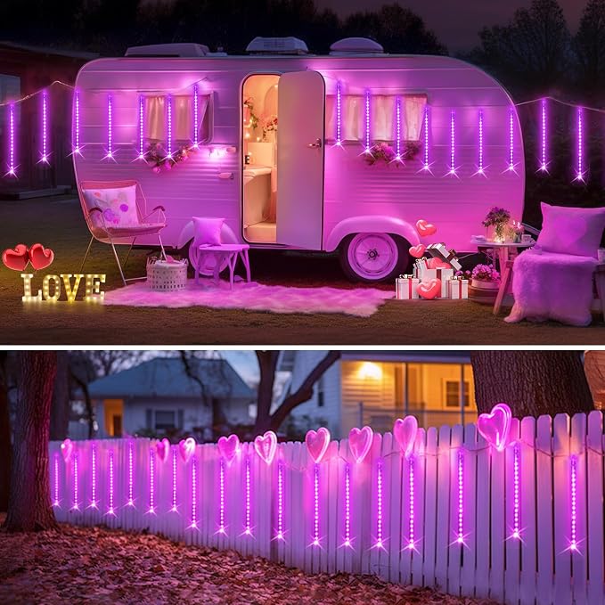 JMEXSUSS Pink Solar Meteor Shower Lights Outdoor, 8 Tube 144 LEDs | Solar Christmas Lights for Tree Eave Holiday Party Patio House Wedding Valentine's Day Decor