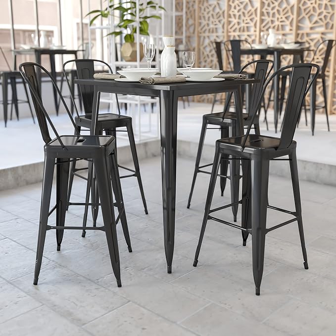 BizChair Commercial Grade 31.5" Square Black Metal Indoor-Outdoor Bar Height Table