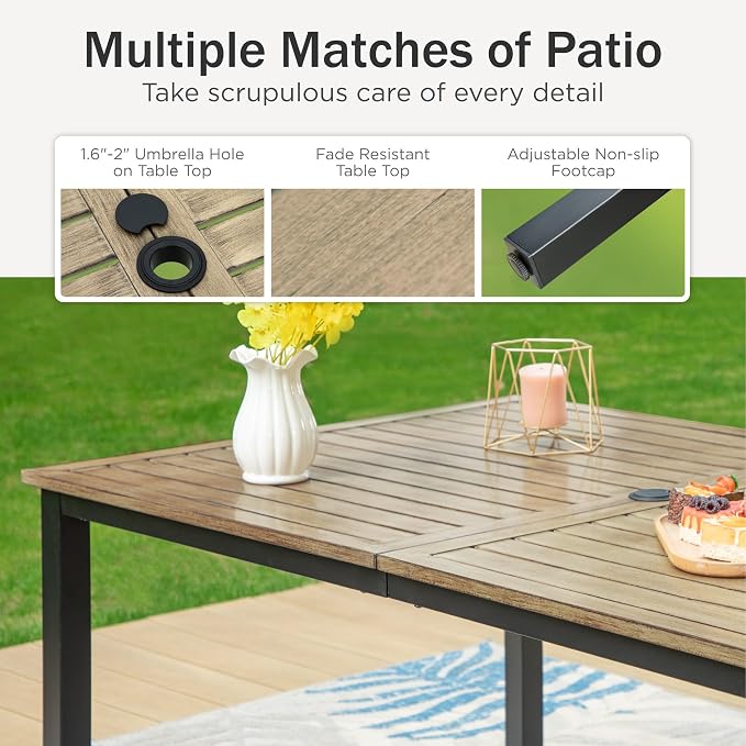 PHI VILLA Patio Dining Set for 6, Stackable Chairs&Wood-Like Table | 65” Brown Wood-Like Metal Steel Dining Table & Black Iron Chairs, Patio Furniture Set for Patio, Deck, Yard, Porch