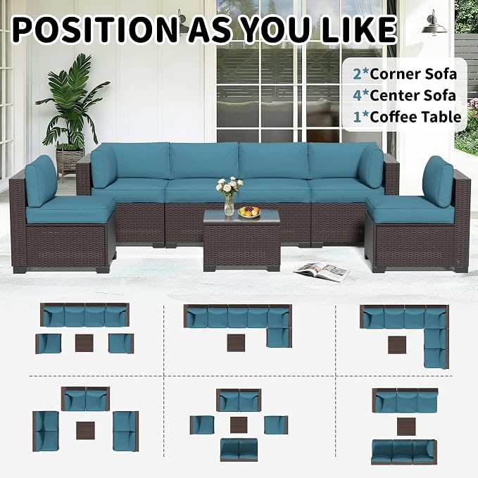 YLGJ&TIDY 7-Piece Outdoor Sectional Patio Furniture Set, All-Weather Wicker Rattan Sofa w/Thick Washable Cushions & Tempered Glass Table, Perfect for Garden, Poolside, Backyard (7, Peacock Blue)