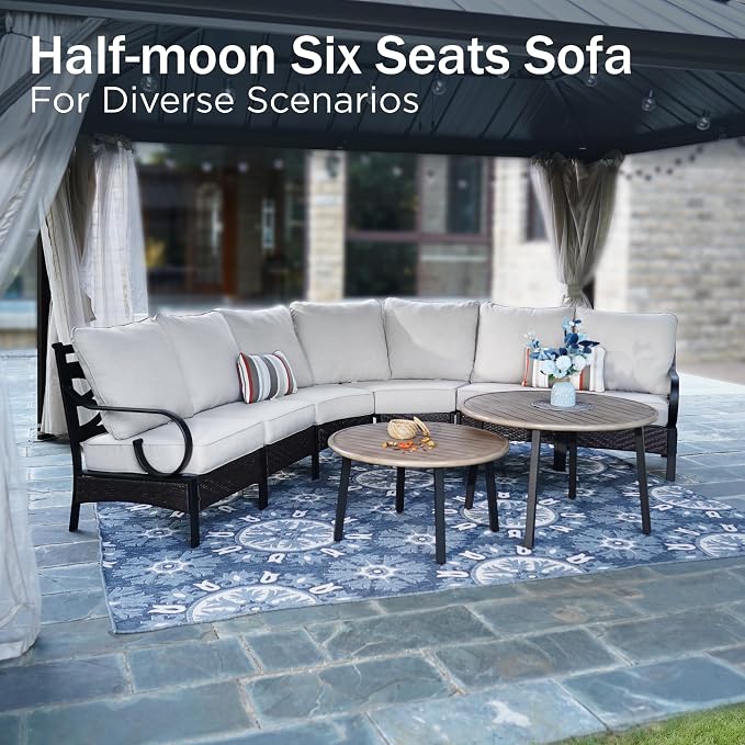 PHI VILLA Half-Moon Patio Furniture Set 8 Piece, Curved Outdoor Sectional Sofa Conversation Sets for 6 Persons with 2 Coffee Table for Garden, Poolside, Balcony, Backyard