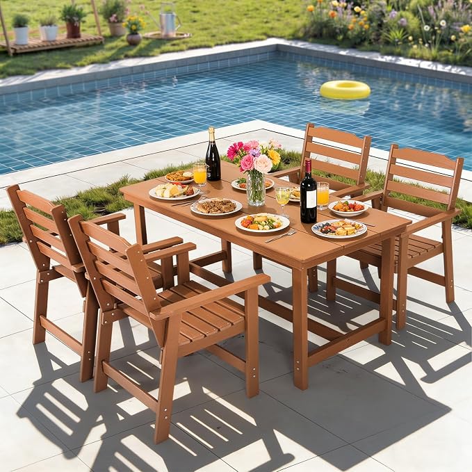 FUNBERRY Outdoor Dining Set, HDPE 5 Piece Dining Table Set with Chairs | 2" Umbrella Hole Table, Wood-Grain, HDPE All Weather, No Rot or Rust or Crack, UV Fade Shield, Easy-Clean for Outside