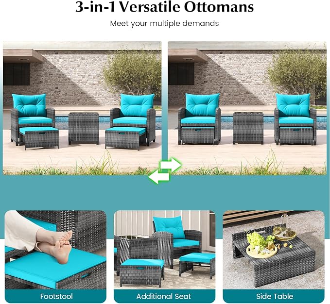COSTWAY 5-Piece Rattan Conversation Set, Outdoor Wicker Sofa, Tempered Glass Coffee Table & Ottomans for Small Space, Boho Chic Indoor/Outdoor Furniture Set for Poolside, Backyard, Deck (Turquoise)