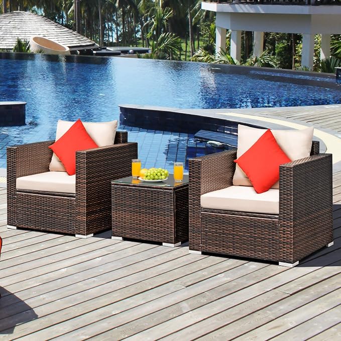 Patio Conversation Set Outdoor, 3-Piece Rattan Wicker Furniture Set with Water-Resistant Cushion & Tempered Glass Tabletop, Patio Furniture Set for Balcony, Porch, Poolside(Beige)