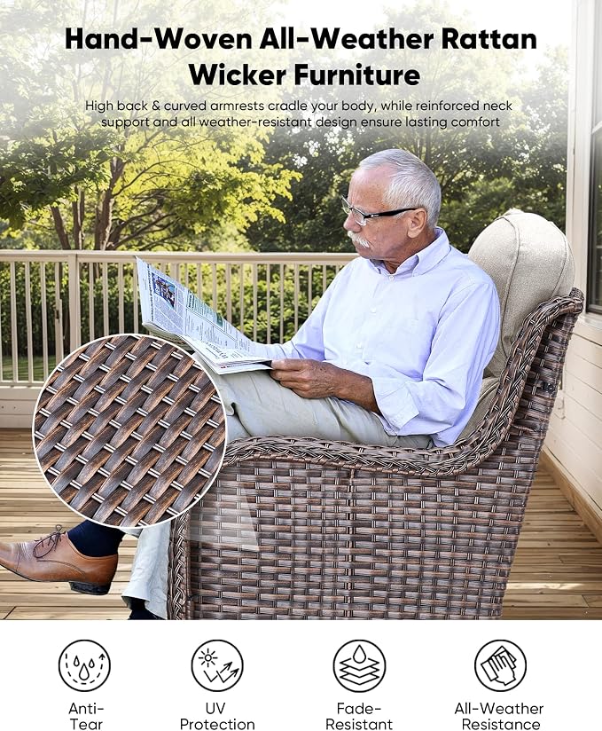 HUMMUH 4 Pieces Patio Furniture Set with Fire Pit High Back Outdoor Furniture Set 6-inch Cushions Wicker Patio Swivel Rocker Chairs for Balcony Garden,Lawn,Deck