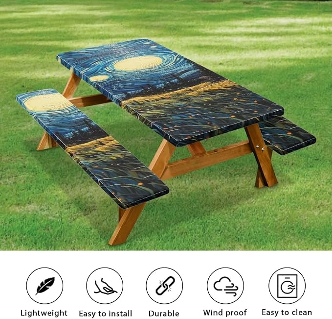 Van Gogh Starry Night Picnic Table Cover with Bench Covers Beach Camping Table Covers for 6 Foot Tables 3 Pcs Picnic Table Bench Covers Camping Essentials for Camper, 94x30 Inches