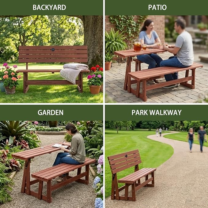 Outdoor Picnic Table 55×29×37"2 in 1 Convertible Wood Bench,UV Protection and Cool Shade Lifetime Camp Stand with Built-In Umbrella Hole,Adjustable Backrest Convert a Patio Dining Set into a Long Seat
