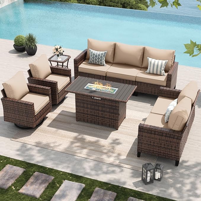 Amopatio Patio Furniture Set with Fire Pit Table, Wicker Outdoor Sectional Sofa with Swivel Rocker Chairs, All-Weather Rattan Conversation Set, Waterproof Cover for Backyard, Deck Brown/Khak 6 PCS