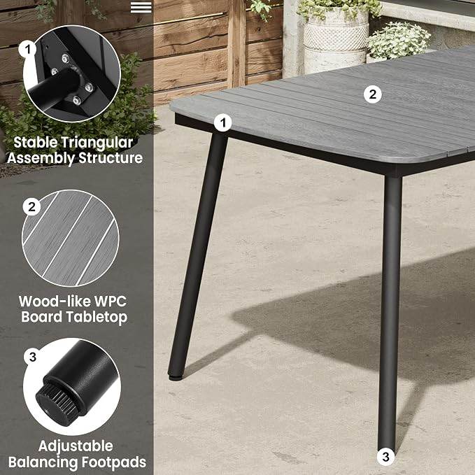 Grey Outdoor Dining Table for 6, 70" Rectangle Patio Table | 1.6" Umbrella Hole with Aluminum Frame and Waterproof Wood Grain Tabletop for Lawn Backyard Garden Poolside