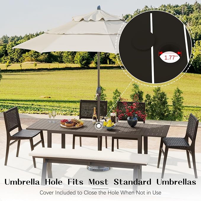 Domi Outdoor Expandable Dining Table for 6-8, Aluminum Extendable Dining Table 65"-97" with Umbrella Hole, Metal Outdoor Patio Table Rectangle for Backyard Garden