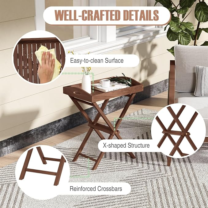 Giantex 2-Pack Outdoor Side Table with Removable Top, 28-Inches High Solid Teak Wood TV Tray, Folding Portable Bistro Table for Outside, Patio, Garden, Porch, Backyard, Balcony, No Assembly Need