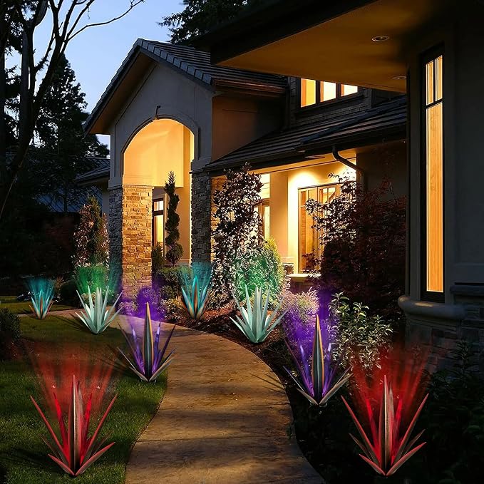 KODIBO Large Metal Agave Plant Outdoor Decor with Solar Light, Mint Green | Artificial Plant with Solar Light, Outdoor-Resistant Metal, Hand-Painted Finish, Tequila Rustic Sculpture, Garden Yard Statue