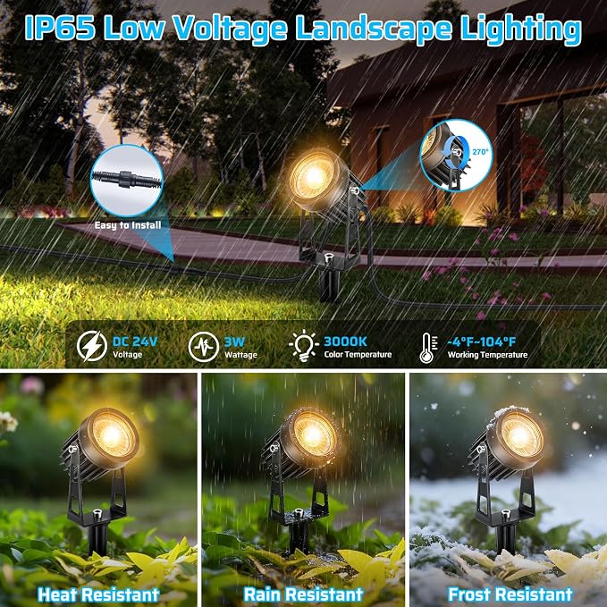 All-in-One Low Voltage Landscape Lighting Kit, 8 Pack Landscape Lights with Smart Transformer, Dimmable Waterproof Outdoor LED SpotLights, 24V LED Landscape Lights for Yard, Garden(Warm White)