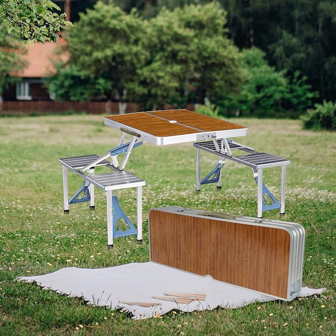 Panda Eye Folding Picnic Table with Seats Chairs and Umbrella Hole, Portable 4-Person Fold Up Travel Picnic Table for Indoor Outdoor Travel, Camping,BBQ,Party,Bamboo+ Aluminum Alloy (Silver)