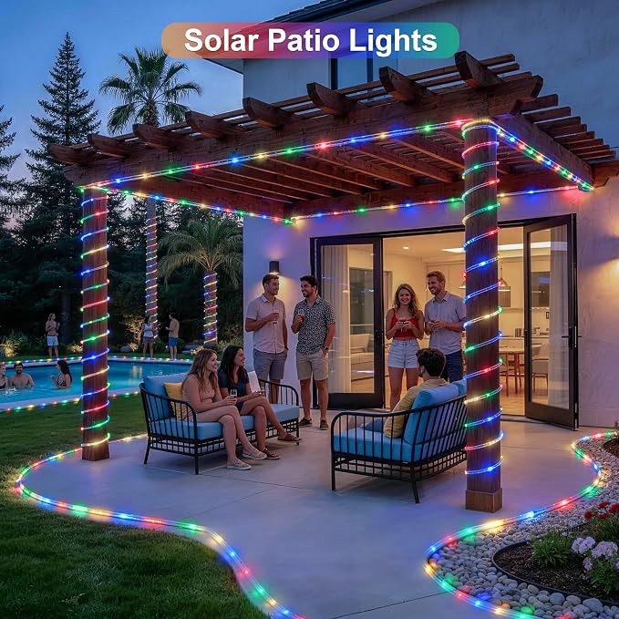 JMEXSUSS Trampoline Accessories 66ft 200 LED Trampoline Lights with 8 Modes | IP 65 Waterproof Solar Rope Lights Outdoor, Solar Patio Lights for Fence Garden Yard Backyard Tree Slide (Multicolor)