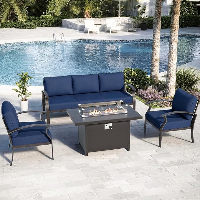 ALAULM Aluminum Patio Furniture Set with Propane Fire Pit Table 5-seat Metal Outdoor Furniture w/Fire Pit Sectional Sofas w/5.1" Cushions for Patio, Backyard, Poolside-DarkBlue