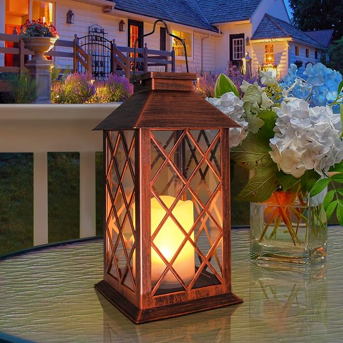 [2 Pack] TAKE ME 14" Solar Lantern Outdoor Garden Hanging Lantern Waterproof LED Flickering Flameless Candle Mission Lights for Table,Outdoor, Mothers Day Gifts Mom Wife