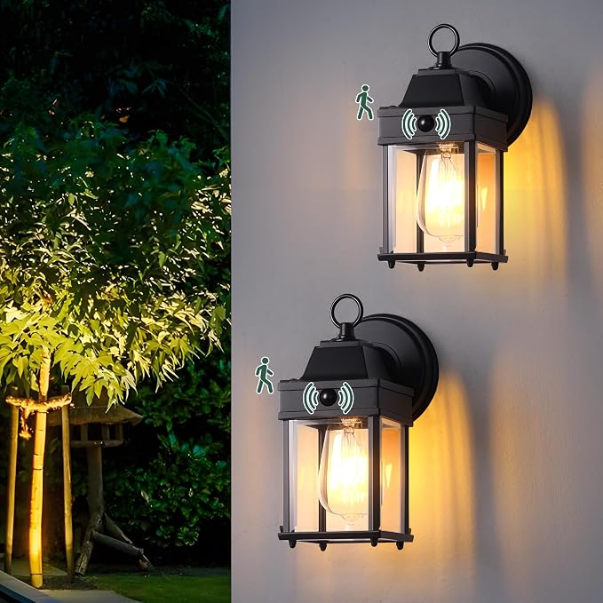 Motion Sensor Dawn to Dusk Sensor Outdoor Wall Light Fixtures Waterproof Porch Lights Outdoor Anti-Rust Black Exterior Lighting Fixtures for House Front Door -2 Pack
