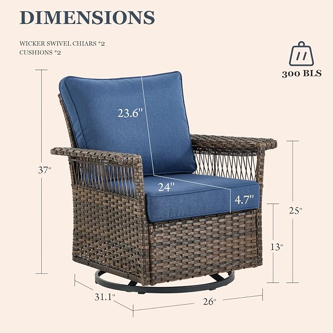 Patio Furniture Set 2 Wicker Swivel Glider Chairs 2 PE Rattan Ottomans with Blue Cushions Patio PE Rattan Sofa Coffee Table Brown Wicker Patio Conversation Set 6pcs for Patio