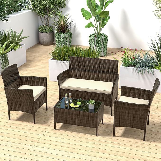 ORALNER 4 Pieces Patio Furniture Set, Rattan Chairs Loveseat with Soft Cushion and Glass Table, Outdoor Wicker Conversation Set for Balcony Garden Backyard Porch Poolside (Beige)