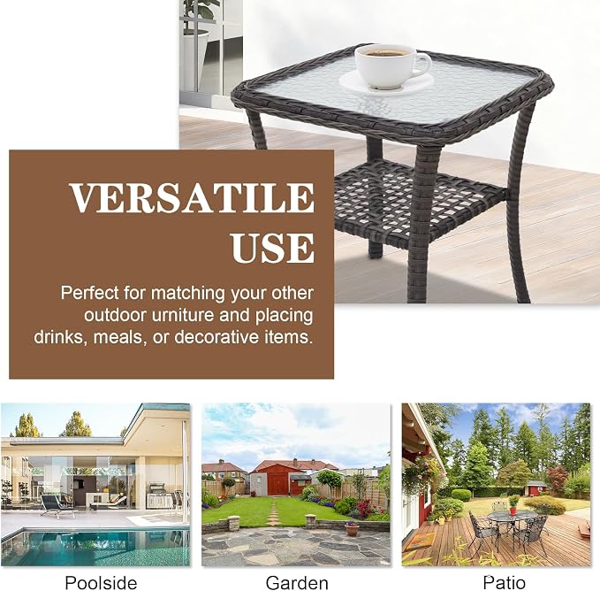 Outdoor Woven Rattan Coffee Table with Tempered Glass, Wicker Side Table for Outside Patio Porch, Stonewash Gray