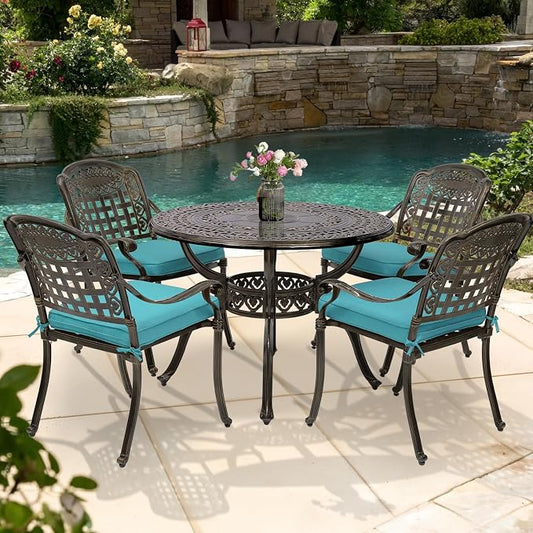 5-Piece Outdoor Patio Dining Set, All-Weather Cast Aluminum Patio Furniture Set for Backyard Garden Deck with 4 Chairs, 4 Cushions and 38.5" Round Table, 2" Umbrella Hole, Blue